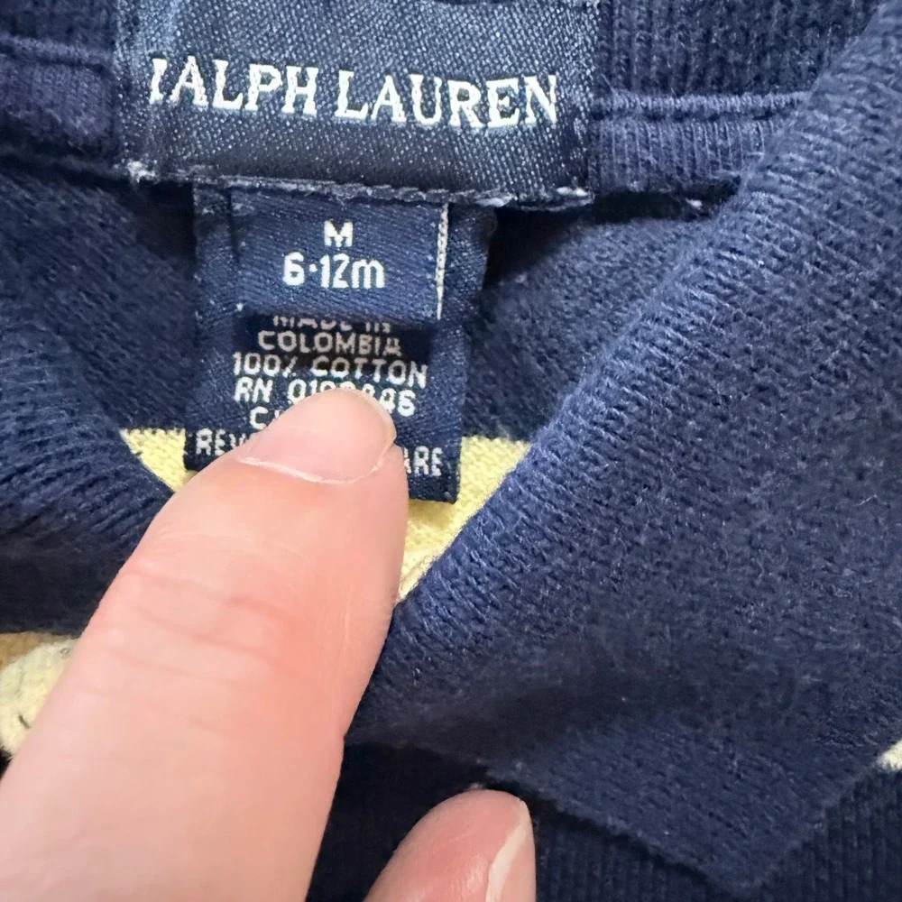 Ralph Lauren Baby Boy Striped Polo Bodysuit Navy Yellow 6-12 Short Sleeve Romper